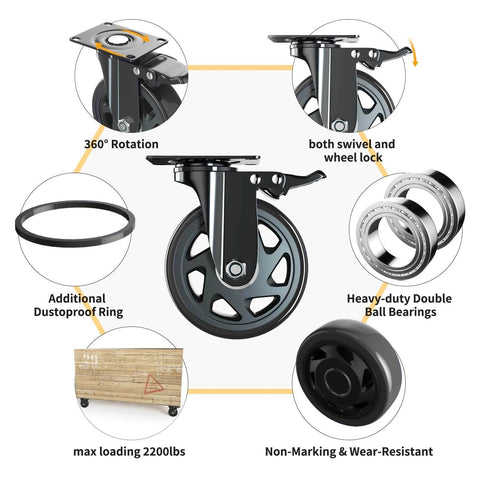 6 Inch Heavy Duty Caster Wheels Set of 4 with locking industrial swivel top plate design showing 360° rotation features and dustproof ring.