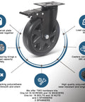 6 Inch Heavy Duty Caster Wheels Set of 4 with Brakes rated 3000 lbs total showing swivel plate, polyurethane wheel, and load details.
