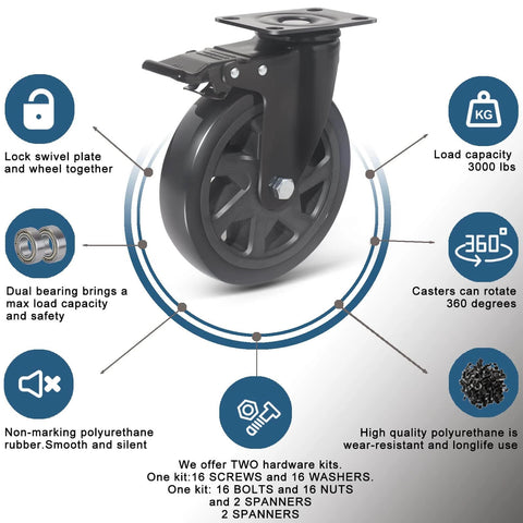 6 Inch Heavy Duty Caster Wheels Set of 4 with Brakes rated 3000 lbs total showing swivel plate, polyurethane wheel, and load details.