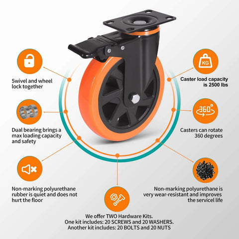 6 Inch Heavy Duty Caster Wheels Set of 4 with safety dual plate locking brakes and polyurethane foam wheel features.