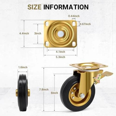 Measurements of 6 Inch Outdoor Heavy Duty Caster Wheels Set of 4 with Brake, including swivel plate size and wheel dimensions.