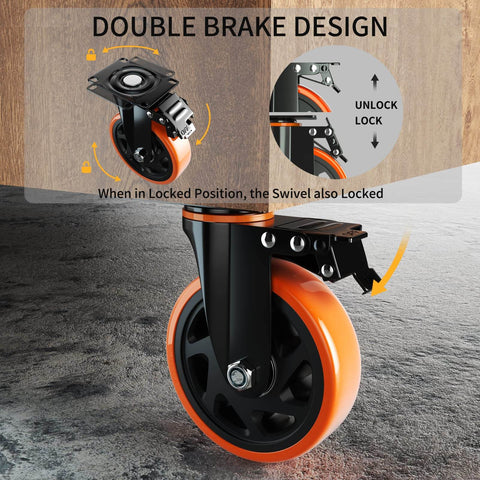 Close-up of 6 Inch Heavy Duty Caster Wheels Set of 4 with locking industrial swivel top plate design and double brake feature.