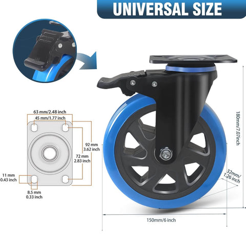 6 Inch Heavy Duty Caster Wheels Set of 4 with dual locking brakes, polyurethane foam wheel, and steel top plate dimensions.