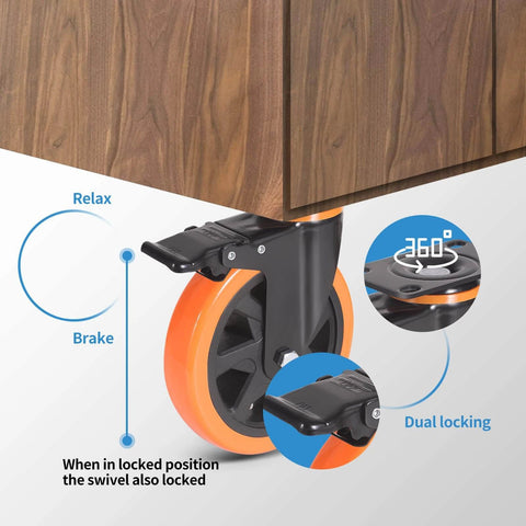 6 Inch Heavy Duty Caster Wheels Set of 4 with safety dual plate locking brakes, showcasing locking mechanism and swivel function.