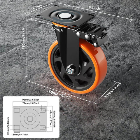 6 Inch Heavy Duty Caster Wheels Set of 4 with locking industrial swivel top plate design showing strong steel construction and polyurethane wheels.