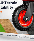 Close-up of a 6 inch caster wheel with knobby tread, mounted on an orange hub, positioned over various terrains like grass and asphalt.