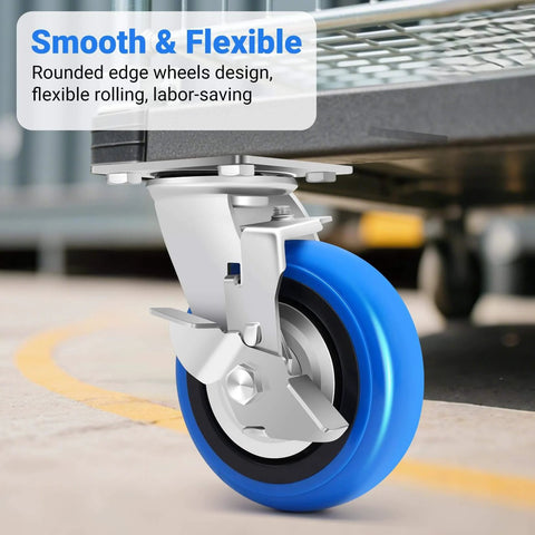 Smooth rolling 6 inch heavy duty caster wheel with brake, part of a set of 4, rated 4500 lb, industrial polyurethane, non marking.