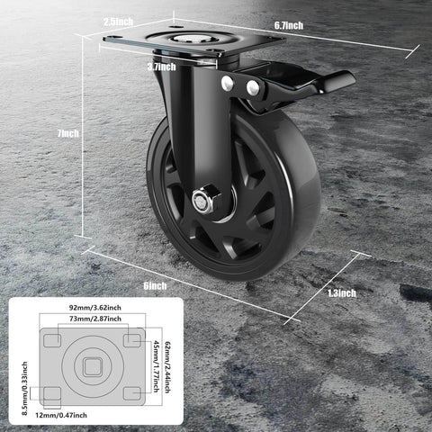 6 Inch Heavy Duty Caster Wheels Set of 4 with locking industrial swivel top plate design showing dimensions and details.