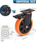 6 Inch Heavy Duty Caster Wheels Set of 4 with safety dual plate locking brakes, showing dimensions and features of polyurethane foam wheels.