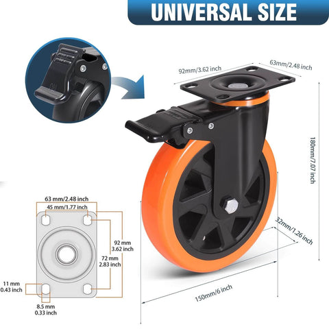6 Inch Heavy Duty Caster Wheels Set of 4 with safety dual plate locking brakes, showing dimensions and features of polyurethane foam wheels.