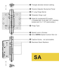 Diagram of self-closing 4-inch door hinges with built-in closer, matte black finish, labeled components, and UL listed features.