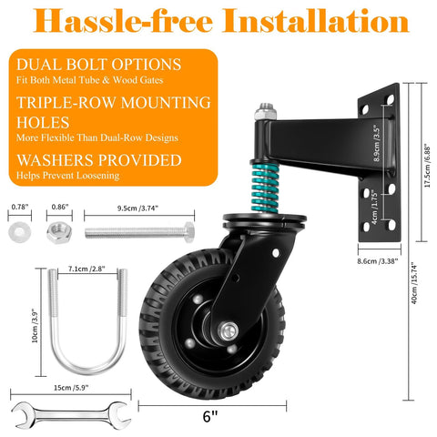 Heavy Duty Gate Wheel 6 Inch For Metal Tube Gates And Wooden Doors With 360 Degree Rotation Spring Loaded Caster 550 Lb Capacity Farm Gate Wheels Dual Mount Options Straight Or U Bolt