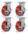 6 inch heavy duty polyurethane caster wheels with brakes, industrial swivel casters in a 4 pack off-white background.