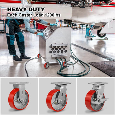 6 inch heavy duty polyurethane caster wheels with brakes, industrial swivel casters in a 4 pack rated for 4800 lb load capacity