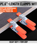 6 Piece 6 Inch Heavy Duty Spring Clamps With 2.5 Inch Jaw Opening in use on wooden board, orange handles, nickel plated steel