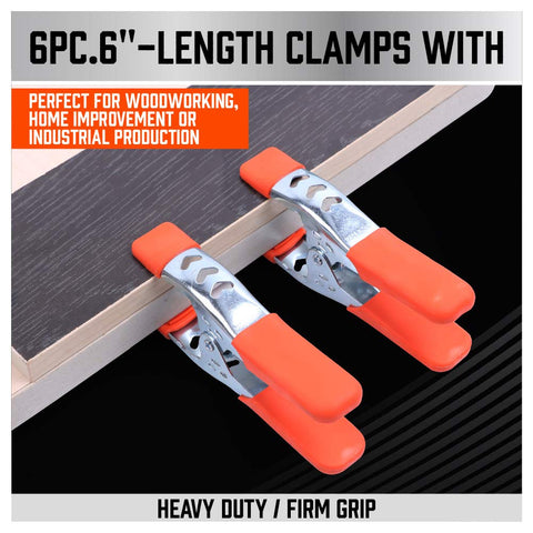 6 Piece 6 Inch Heavy Duty Spring Clamps With 2.5 Inch Jaw Opening in use on wooden board, orange handles, nickel plated steel