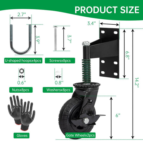 Diagram of Two-Piece 6-Inch Heavy Duty Gate Wheels With Spring Loaded Caster Kit showing product size, components, and accessories.