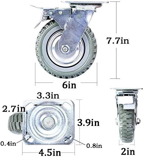 6 Inch Heavy Duty Swivel Caster Wheels Four Pack With Anti Skid Rubber And 360 Degree Top Plate dimensions and side view.