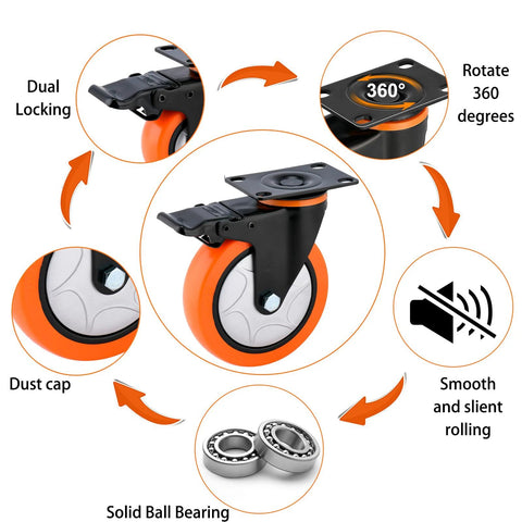 Diagram of 6 Inch Heavy Duty Swivel Caster Wheels With Brake Set Of 4 3000 Lbs Capacity PVC No Noise No Marking for carts and equipment.