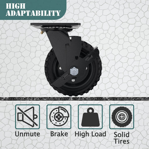 Side view of a 6 Inch Swivel Heavy Duty Caster Wheel with Brake 800lb Solid Rubber Black Rim showcasing adaptability features