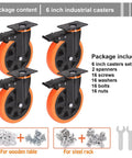 6 Inch Heavy Duty Caster Wheels Set of 4 with safety dual plate locking brakes featuring silent polyurethane foam wheels.