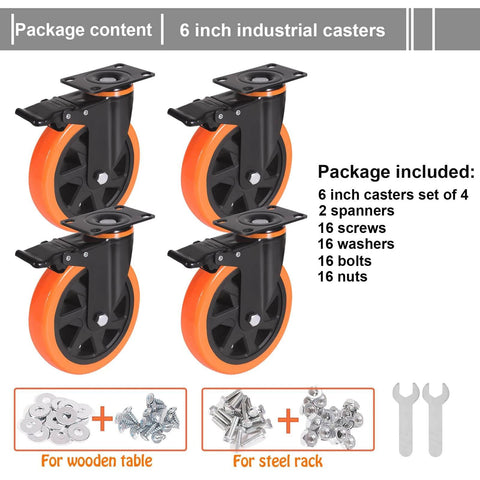 6 Inch Heavy Duty Caster Wheels Set of 4 with safety dual plate locking brakes featuring silent polyurethane foam wheels.