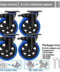 6 Inch Heavy Duty Caster Wheels Set of 4 with safety dual locking brakes, screws and hardware kits for installation.