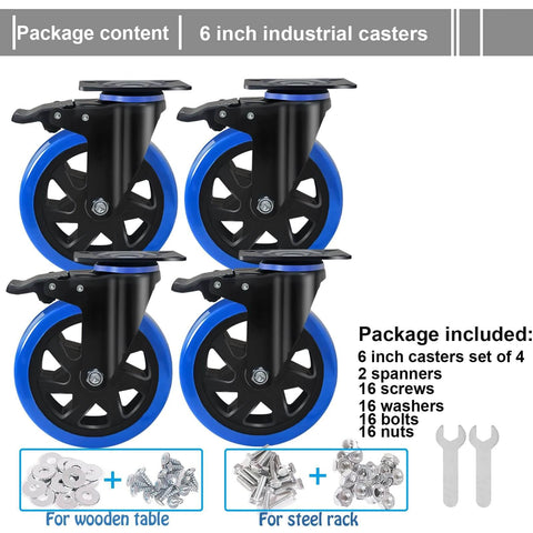 6 Inch Heavy Duty Caster Wheels Set of 4 with safety dual locking brakes, screws and hardware kits for installation.