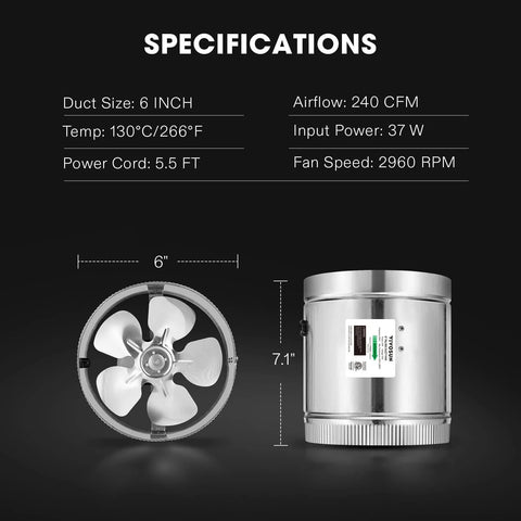 Powerful 6 Inch Inline Duct Fan 240 CFM For HVAC Ventilation With Low Noise, side and front view, specifications shown