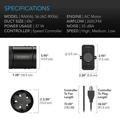 Specifications of 6 Inch Inline Booster Duct Fan With Variable Speed Controller For Basements Bathrooms Kitchens And Workshops Low Noise HVAC Blower To Boostin Airflow And Ventilation AC Infinity RAXIAL S6
