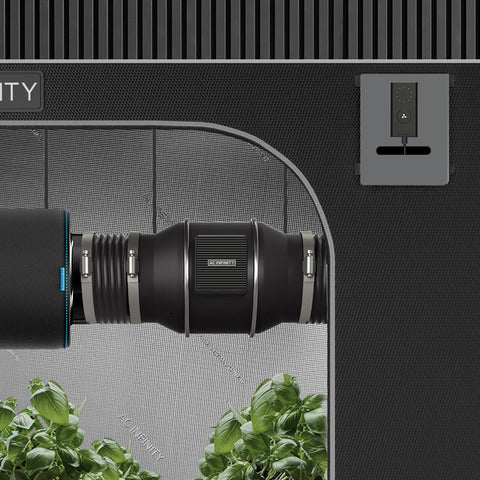 Cloudline Pro S6 6 Inch Inline Duct Fan installed in grow tent for ventilation, connected to hydroponic setup. Black finish.