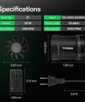 6 Inch Inline Exhaust Fan With Speed Controller Delivers Up To 345 CFM Quiet Low Noise Duct Fan Specifications Display