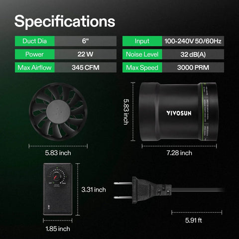 6 Inch Inline Exhaust Fan With Speed Controller Delivers Up To 345 CFM Quiet Low Noise Duct Fan Specifications Display
