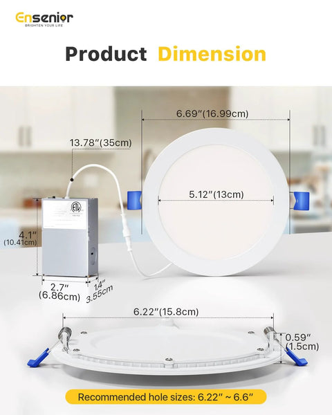Dimensions of Six Pack 6-Inch LED Recessed Light Dimmable 2700K-5000K 5CCT 1200 Lm 12W 120V Damp Rated ETL IC Ultra-Thin Canless Wafer Ceiling Light ERL-12X-ETL