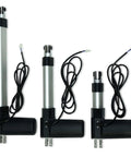 Three 6 Inch Stroke Electric Linear Actuators, 400 lbs Force, IP66 Water Resistance, shown in various sizes and views.