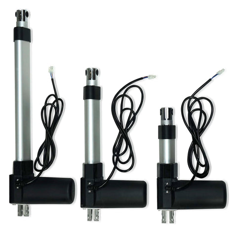 Three 6 Inch Stroke Electric Linear Actuators, 400 lbs Force, IP66 Water Resistance, shown in various sizes and views.