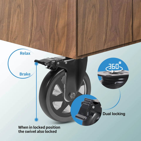 Close-up of 6 Inch Heavy Duty Caster Wheels Set of 4 with Brakes showing dual locking feature and 360-degree swivel design.