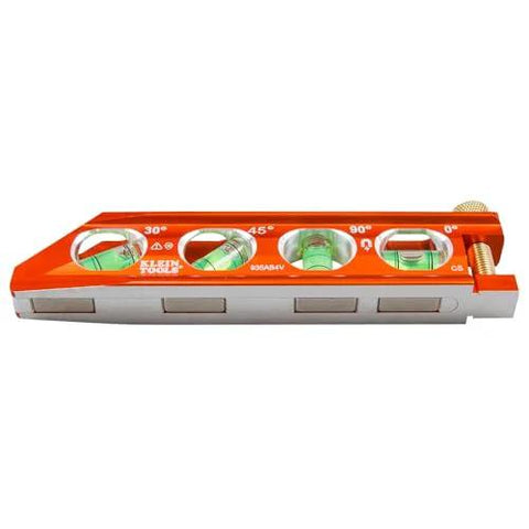 Compact 6-Inch magnetic torpedo level with V-groove for conduit work, features 0/30/45/90 degree vial markers, patented magnet track.