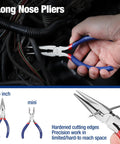 Hand using 6-inch long nose pliers from 7-Piece Pliers Set With Groove Joint, Long Nose, Slip Joint, Linesman And Diagonal Pliers For DIY And Home Use