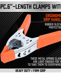 6 Piece 6 Inch Heavy Duty Spring Clamps With 2.5 Inch Jaw Opening, Durable Nickel Plated Steel, Ergonomic Arc Handles Shown