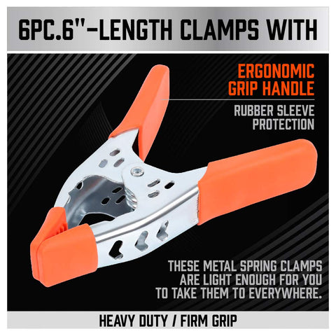 6 Piece 6 Inch Heavy Duty Spring Clamps With 2.5 Inch Jaw Opening, Durable Nickel Plated Steel, Ergonomic Arc Handles Shown