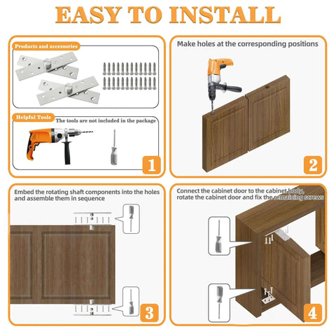 Easy installation guide for 6 Inch Pivot Door Hinges 360 Degree Rotation Hidden Hinges, showing steps and required tools.