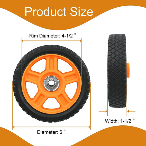 6 Inch Lawn Mower Wheels for Push Mowers, Plastic PU Wheels with Bolts & Nuts, 6x1-1/2 Size, front and side view