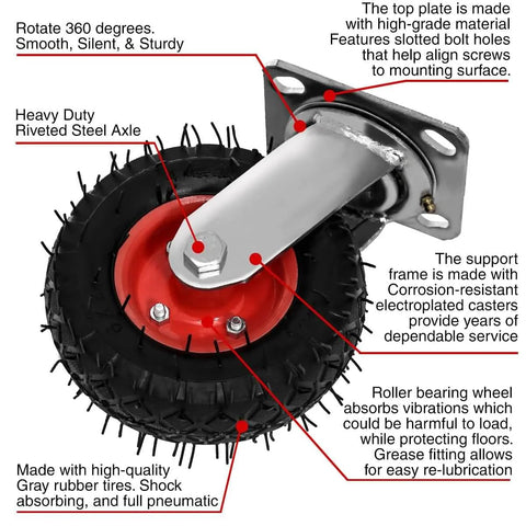 Close-up of a 4 Pack 6 Inch Swivel Pneumatic Air Caster Wheel with knobby tread and red hub for industrial carts and equipment.