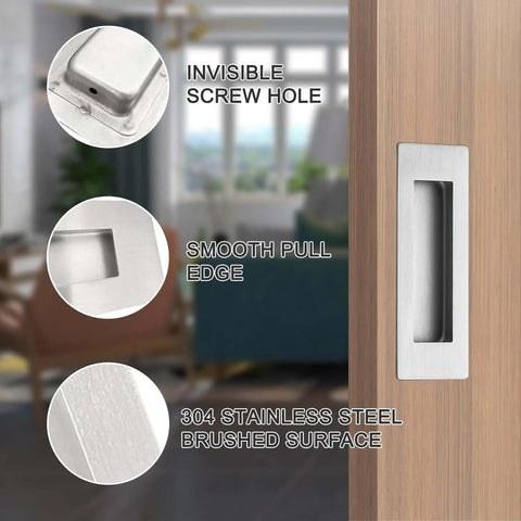 6 Inch Recessed Finger Flush Pulls For Pocket Doors Sliding Doors Closets And Barn Doors Hardware In Brushed Nickel Silver Made From 304 Stainless Steel With Moisture Proof And Rust Resistant Construction, Wear Resistant, Heavy Duty And Durable, 2 Pack installed on wooden door