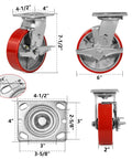 6 inch heavy duty polyurethane caster wheels with brakes, industrial swivel casters in a 4 pack rated for 4800 lb load capacity, dimensions shown.