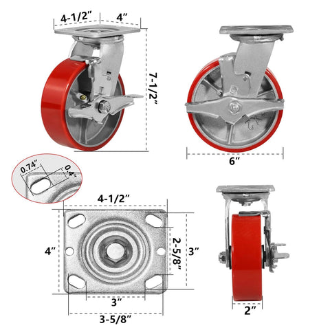 6 inch heavy duty polyurethane caster wheels with brakes, industrial swivel casters in a 4 pack rated for 4800 lb load capacity, dimensions shown.