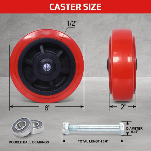 6 Inch Heavy Duty Polyurethane Caster Wheels Set of 4 with Double Roller Bearings on Polyolefin Core size diagram and specifications.