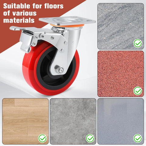 Six Inch Heavy Duty Caster Wheel Set Of Four For Industrial Equipment And Workbenches, Polyurethane Surface TPE Casters With 5000 Lb Load Capacity, Swivel Brake Plate Caster, shown with flooring materials