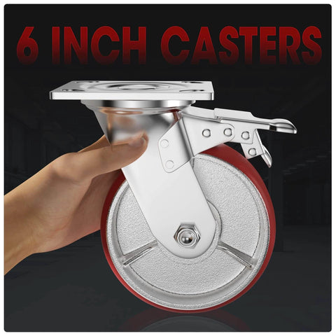 Hand holding 6 Inch Heavy Duty Locking Caster Wheel, Swivel Plate Casters with Brake, Polyurethane on Steel Wheel